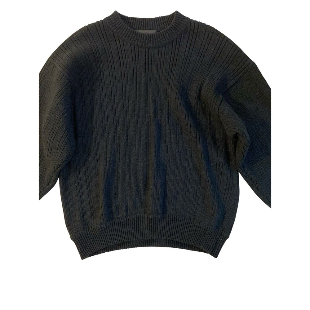 Privata Black Ribbed Knit Sweater Size L Made in Spain Suede Leather‎ Trim